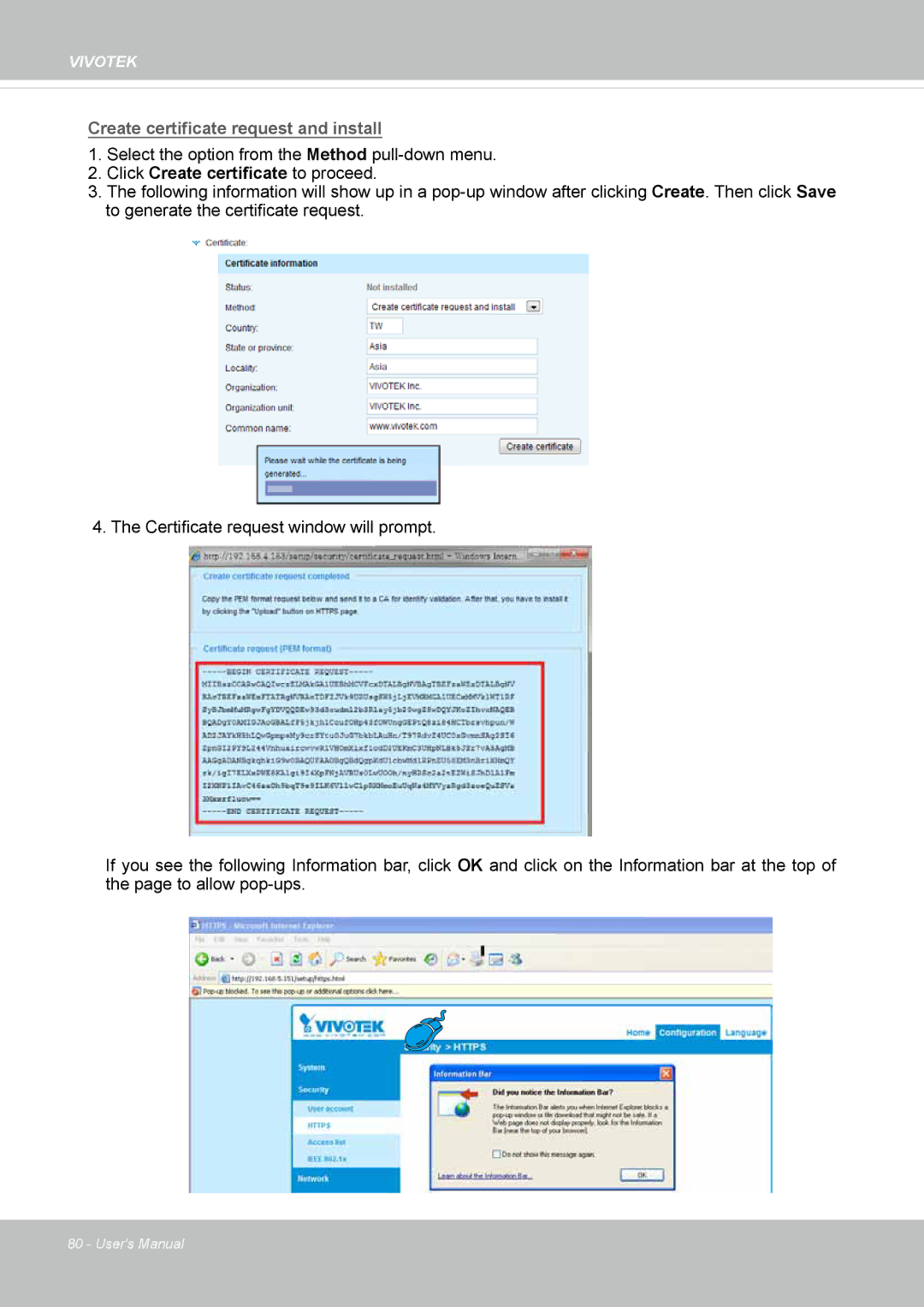 Vivotek 8137HV, FD1837H user manual Create certificate request and install 