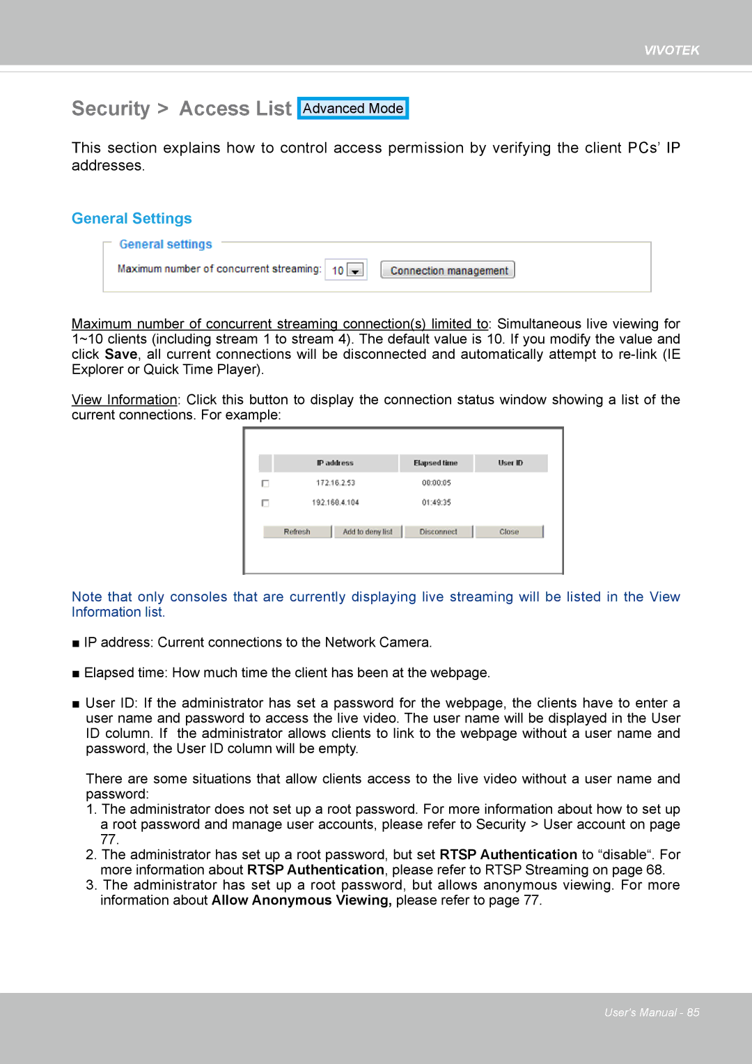 Vivotek FD1837H, 8137HV user manual Security Access List, General Settings 