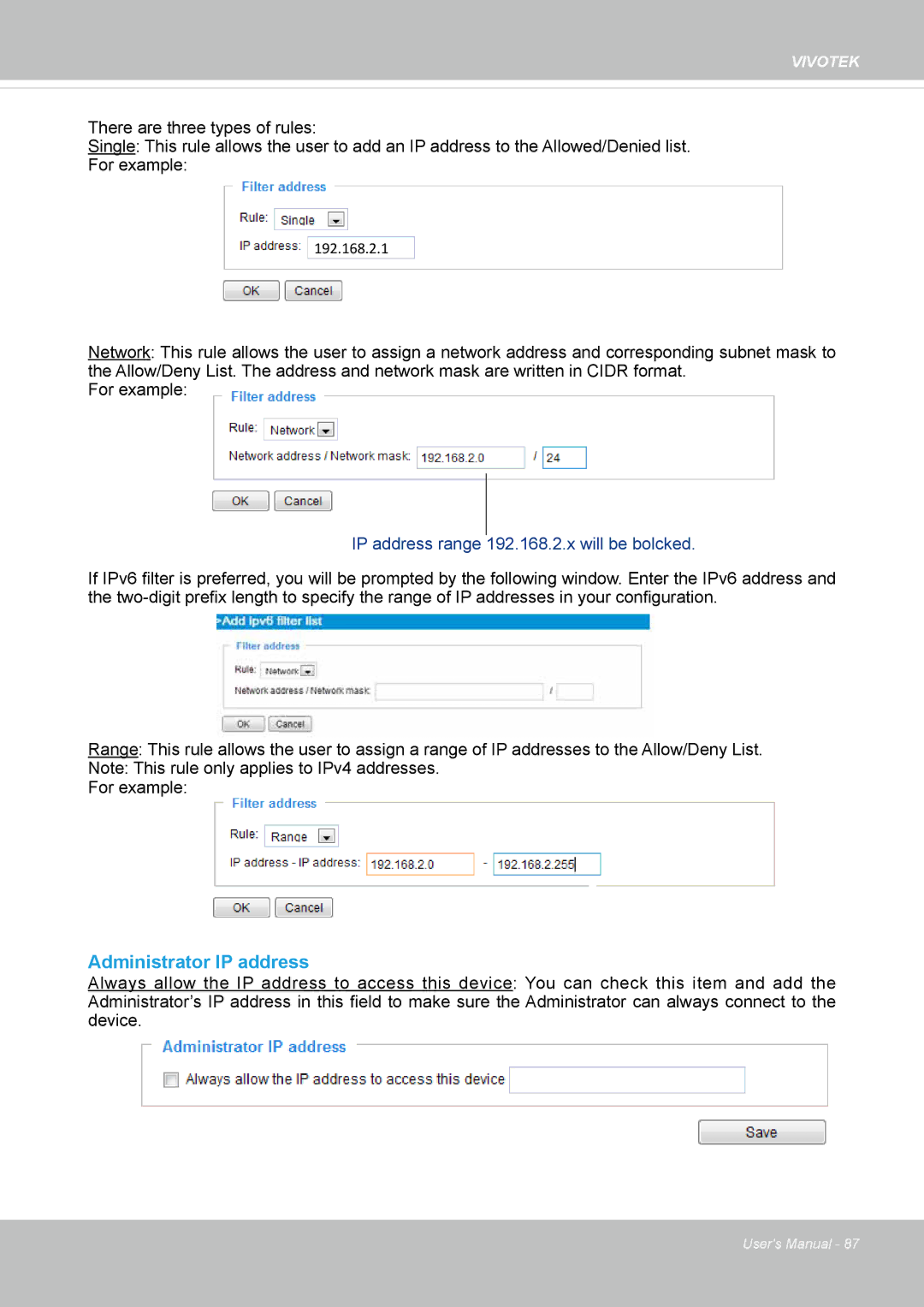 Vivotek FD1837H, 8137HV user manual Administrator IP address, IP address range 192.168.2.x will be bolcked 