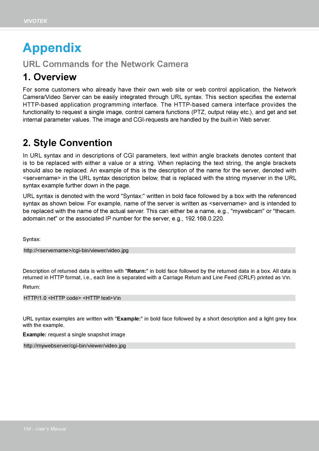 Vivotek CC8130 user manual Appendix, URL Commands for the Network Camera 