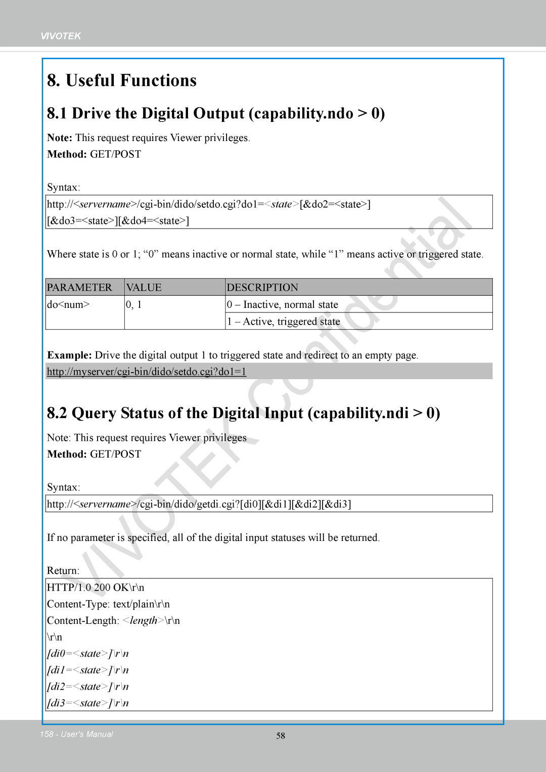 Vivotek CC8130 user manual Drive the Digital Output capability.ndo, Query Status of the Digital Input capability.ndi 