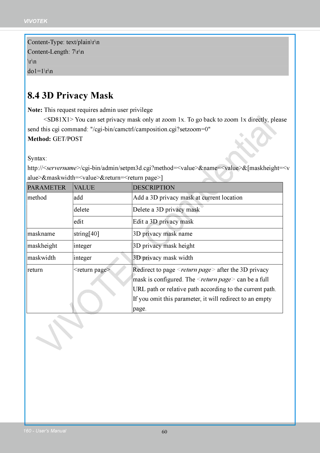 Vivotek CC8130 user manual 3D Privacy Mask 