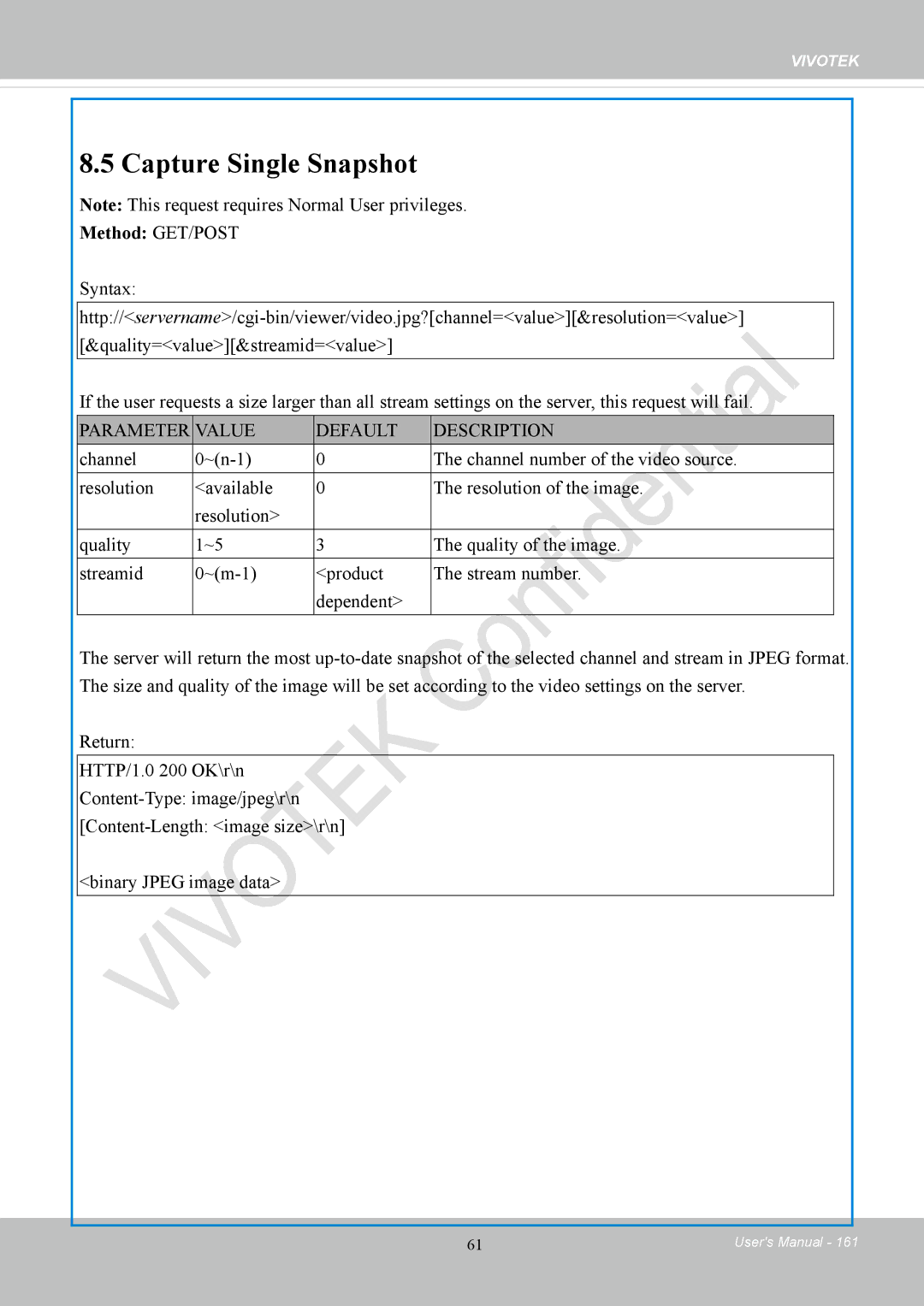 Vivotek CC8130 user manual Capture Single Snapshot, Parameter Value Default Description 