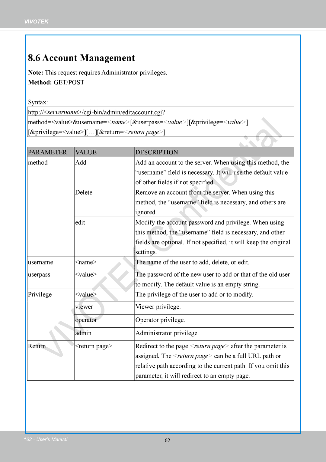 Vivotek CC8130 user manual Account Management 