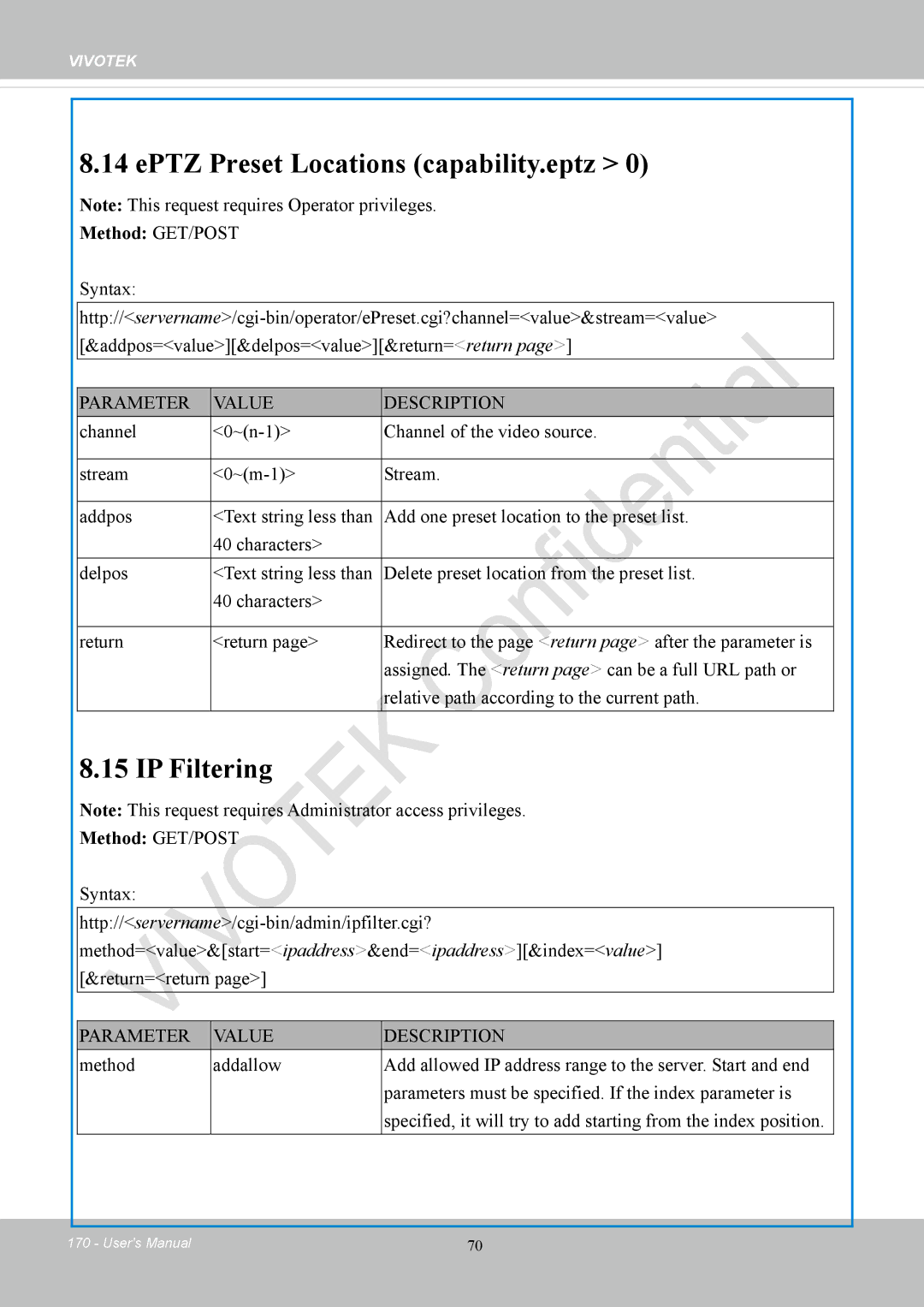 Vivotek CC8130 user manual EPTZ Preset Locations capability.eptz, IP Filtering 