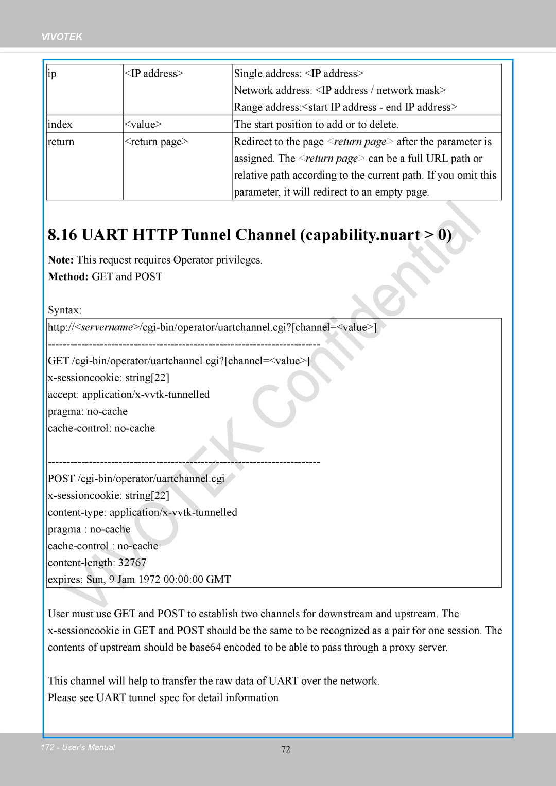 Vivotek CC8130 user manual Uart Http Tunnel Channel capability.nuart 