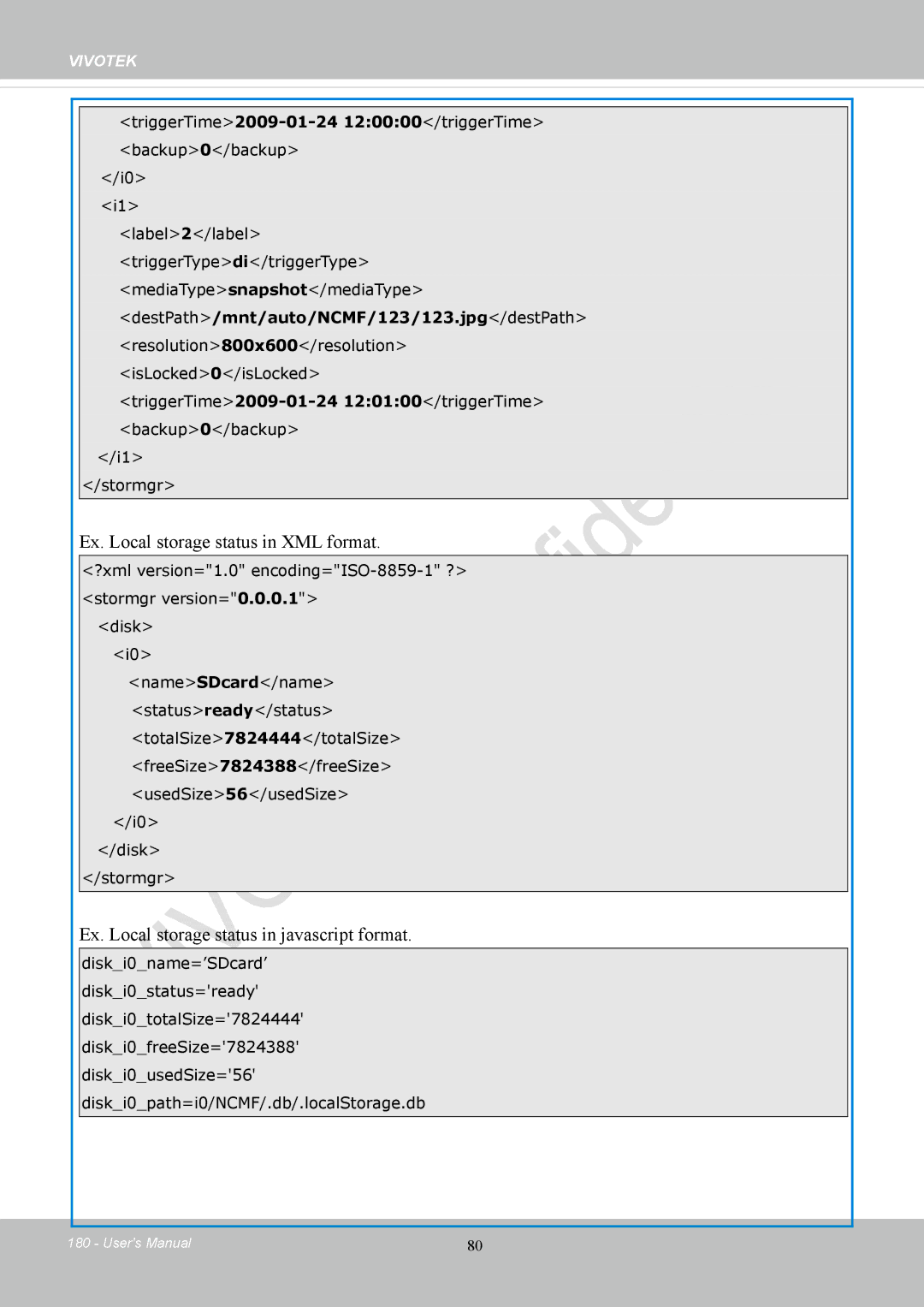 Vivotek CC8130 user manual Ex. Local storage status in XML format, Ex. Local storage status in javascript format 