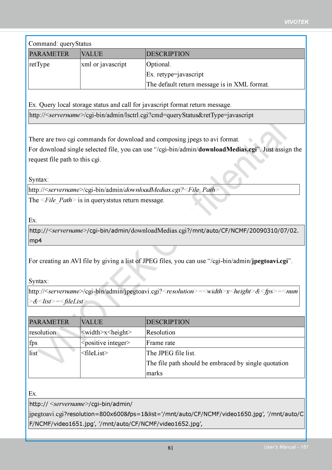 Vivotek CC8130 user manual Command queryStatus, FilePath is in queryststus return message 