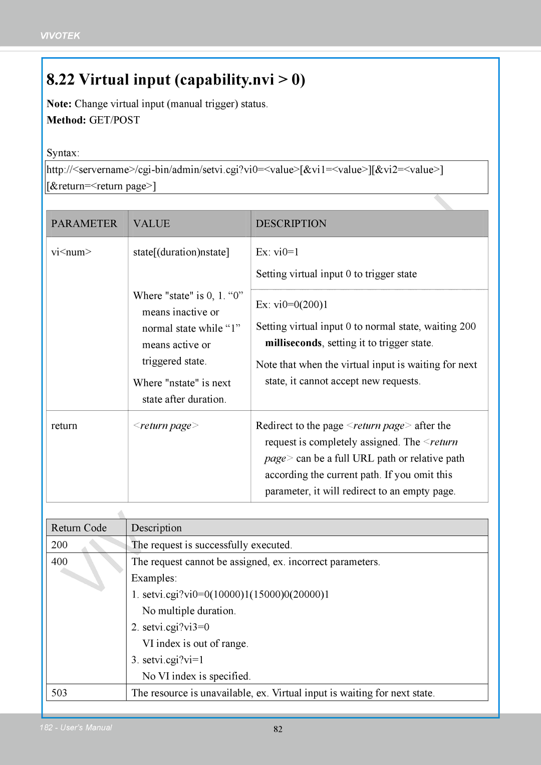 Vivotek CC8130 user manual Virtual input capability.nvi, Return 