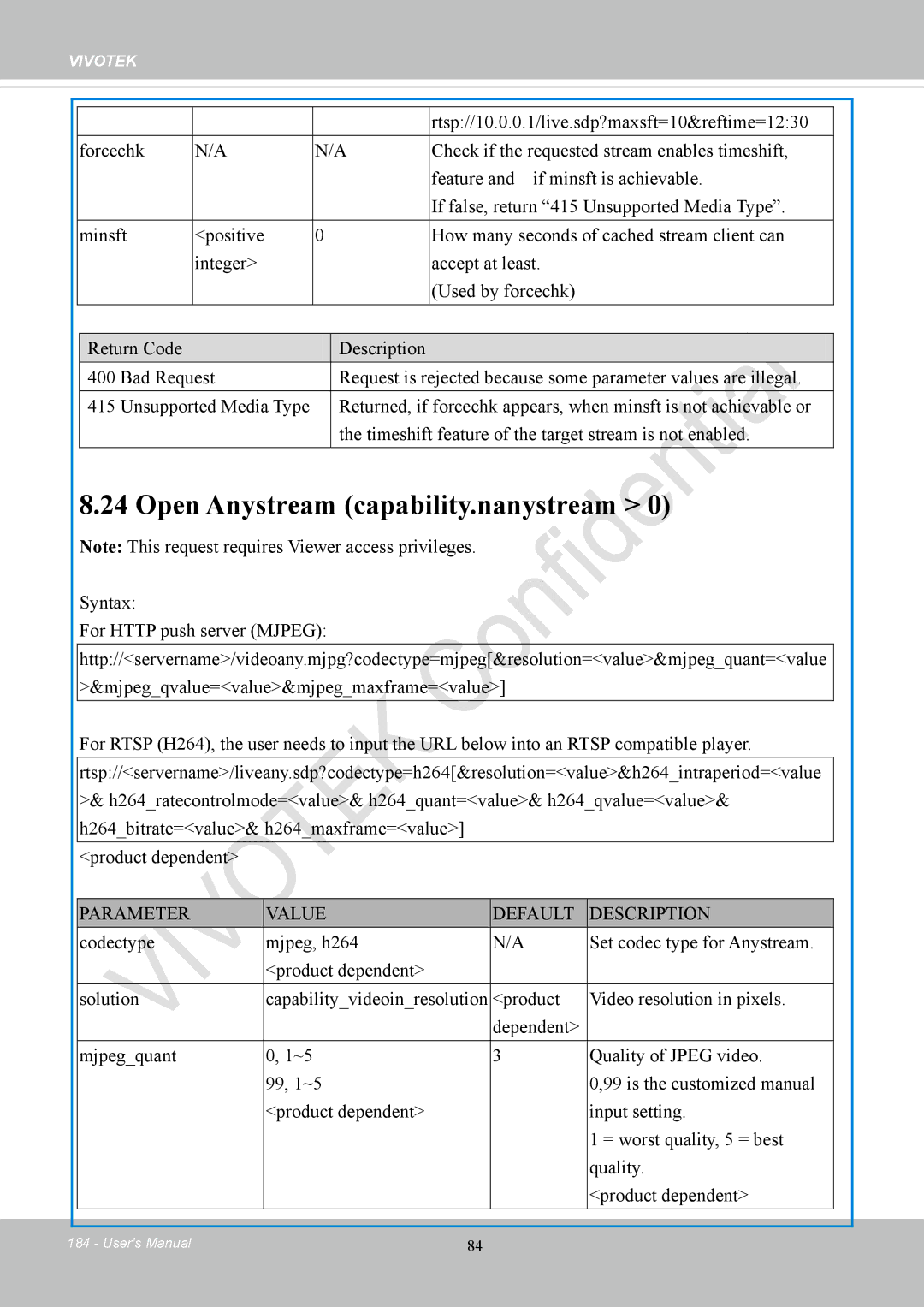 Vivotek CC8130 user manual Open Anystream capability.nanystream, Rtsp//10.0.0.1/live.sdp?maxsft=10&reftime=1230 