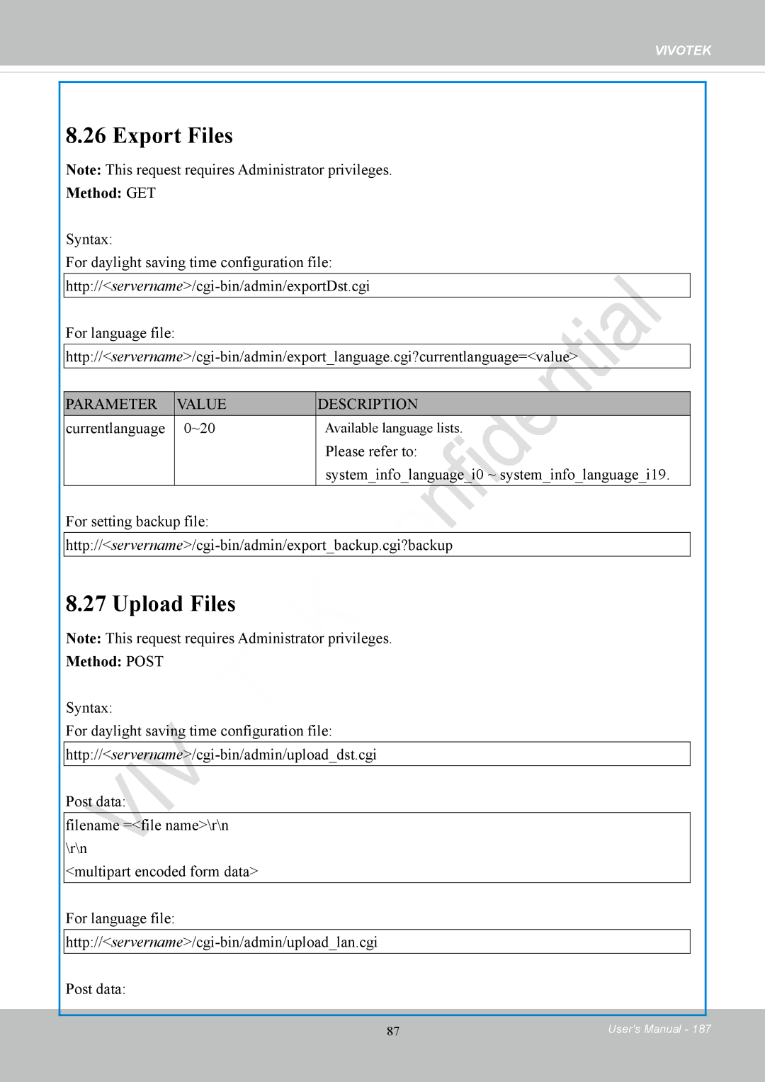 Vivotek CC8130 user manual Export Files, Upload Files, Currentlanguage ~20 