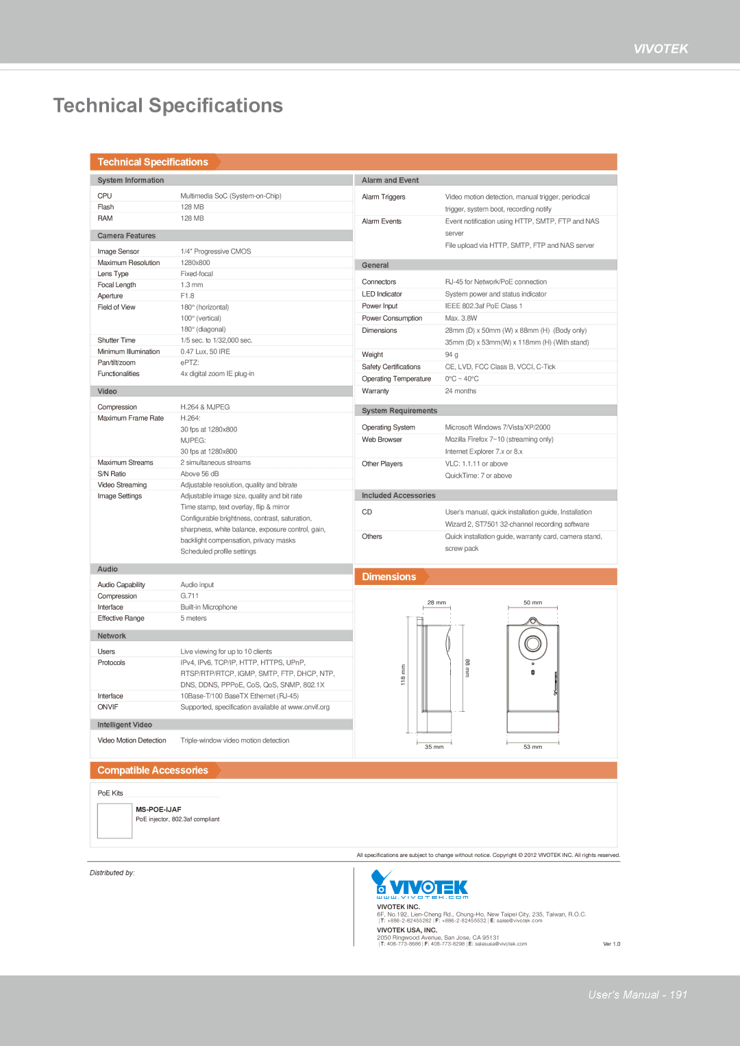 Vivotek CC8130 user manual Technical Specifications 