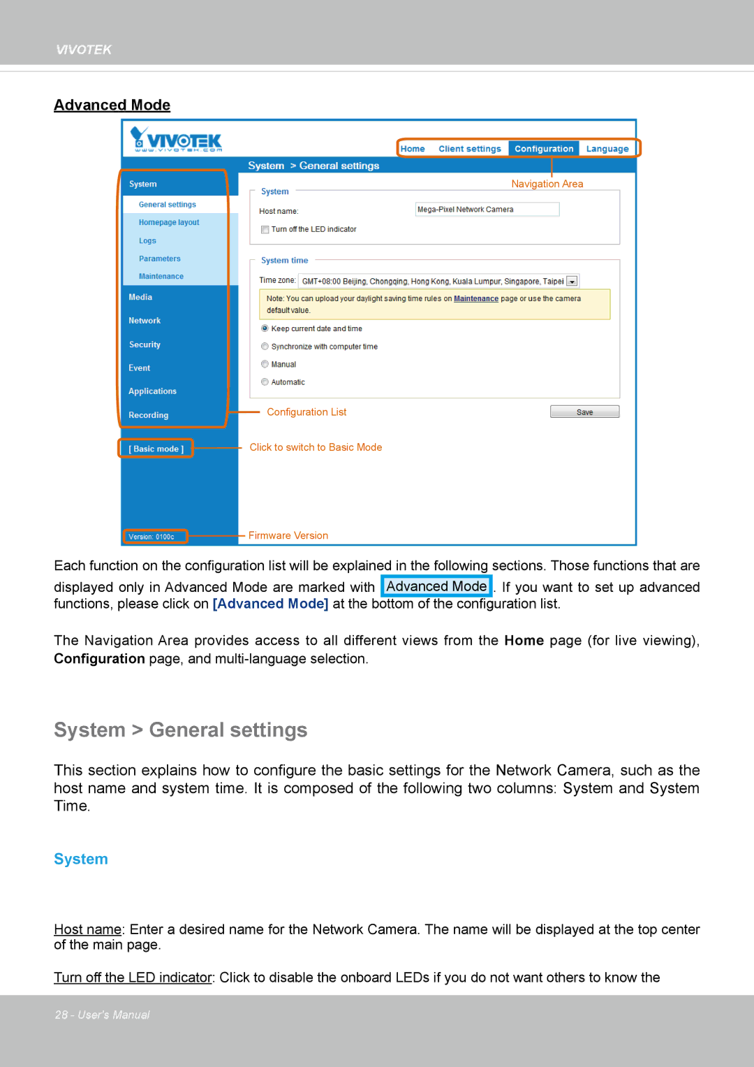 Vivotek CC8130 user manual System General settings 