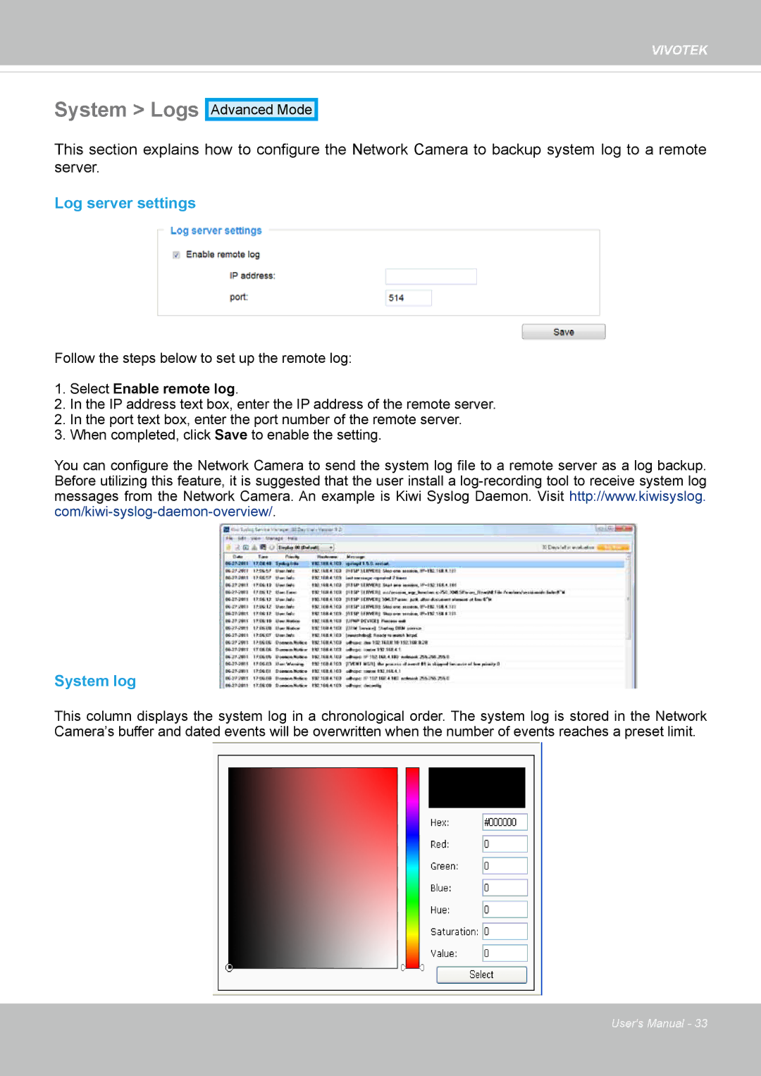 Vivotek CC8130 user manual System Logs, Log server settings, System log 