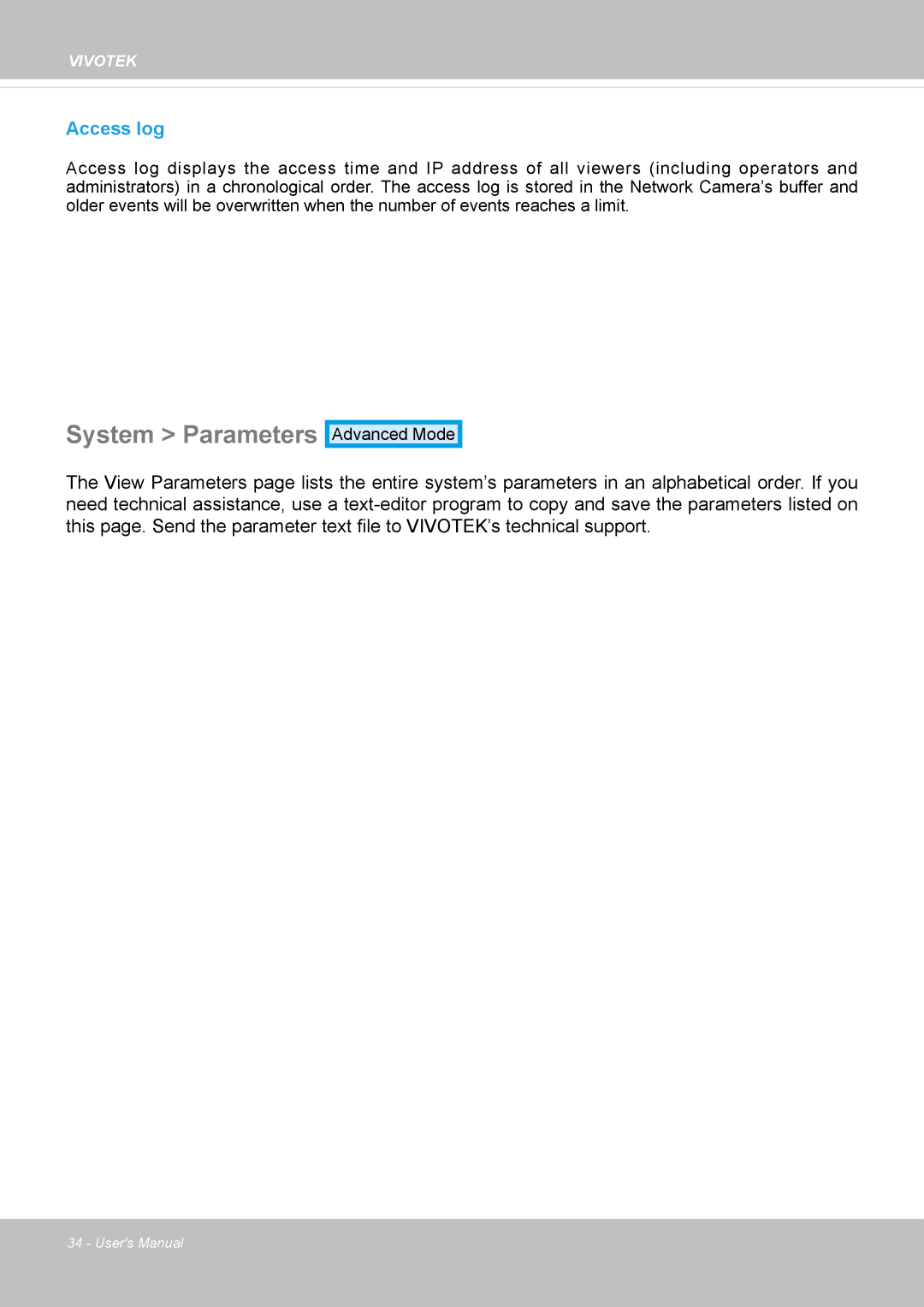 Vivotek CC8130 user manual System Parameters, Access log 