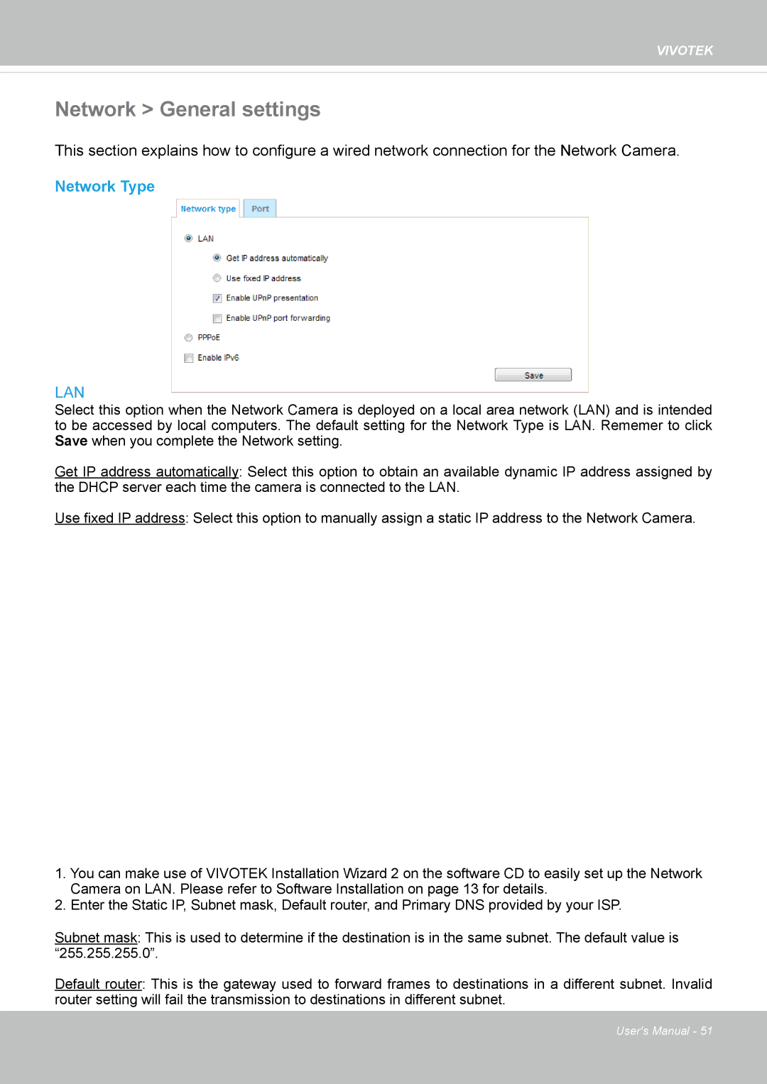 Vivotek CC8130 user manual Network General settings, Network Type 