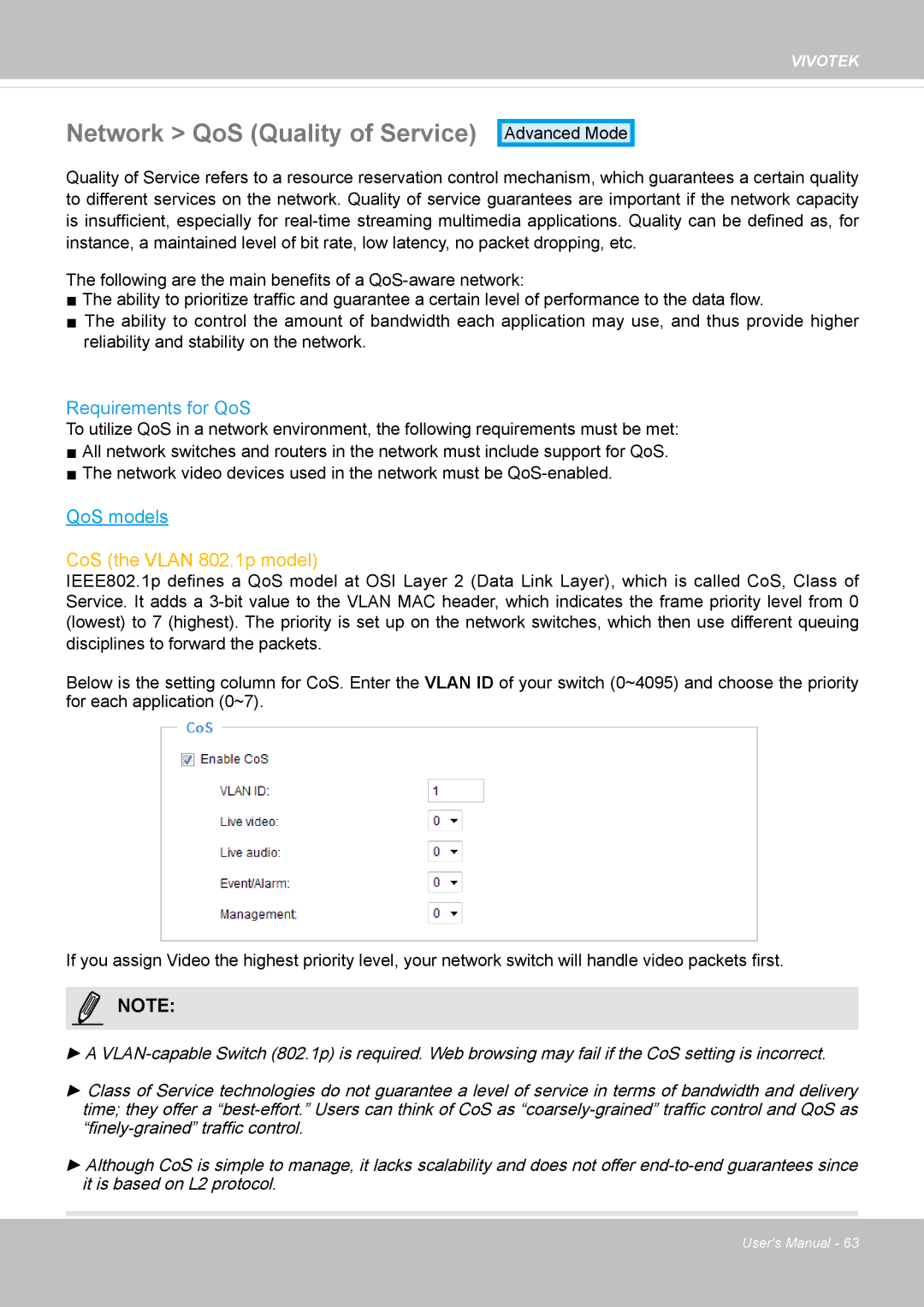 Vivotek CC8130 user manual Network QoS Quality of Service, Requirements for QoS 