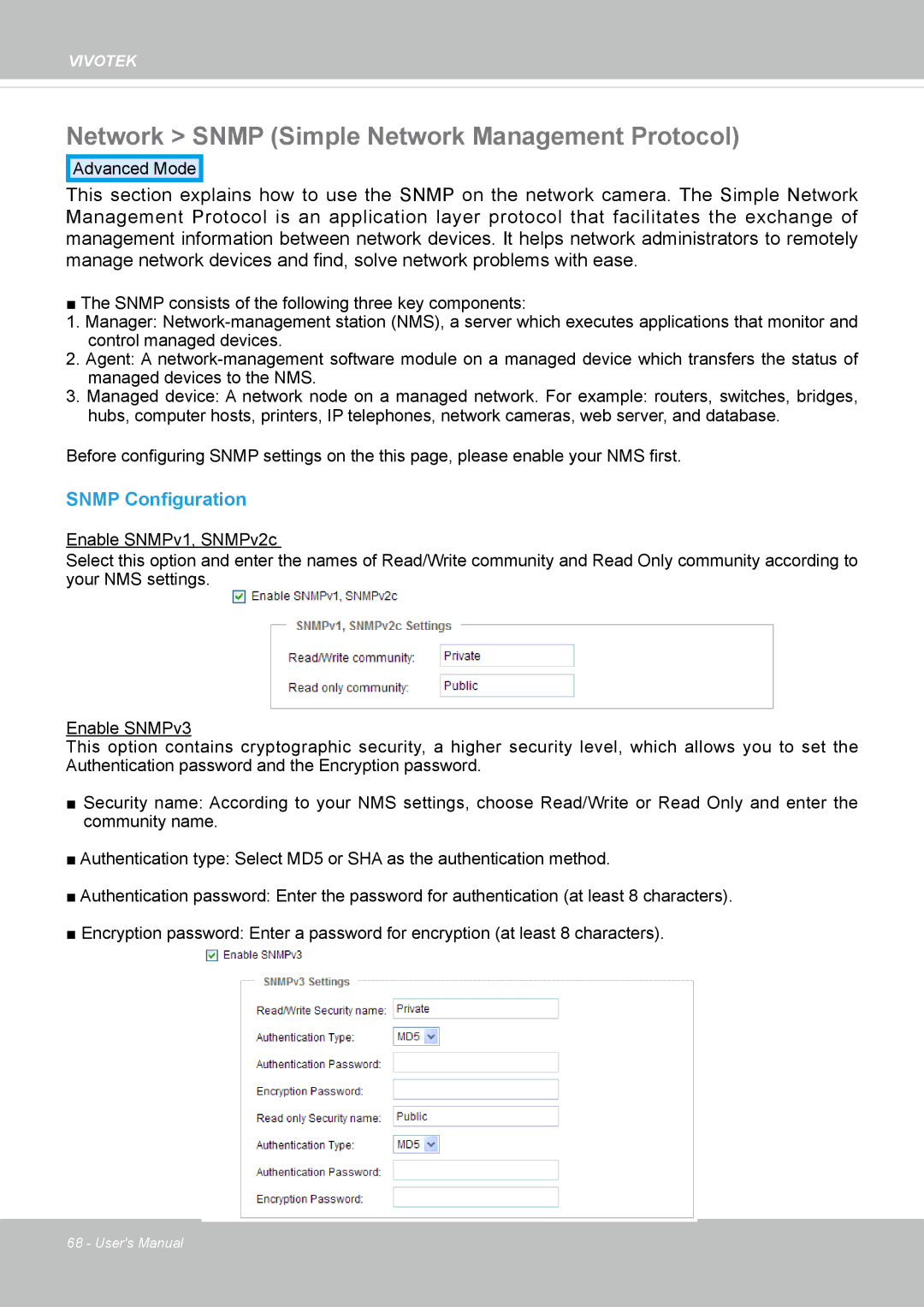 Vivotek CC8130 user manual Network Snmp Simple Network Management Protocol, Snmp Configuration 