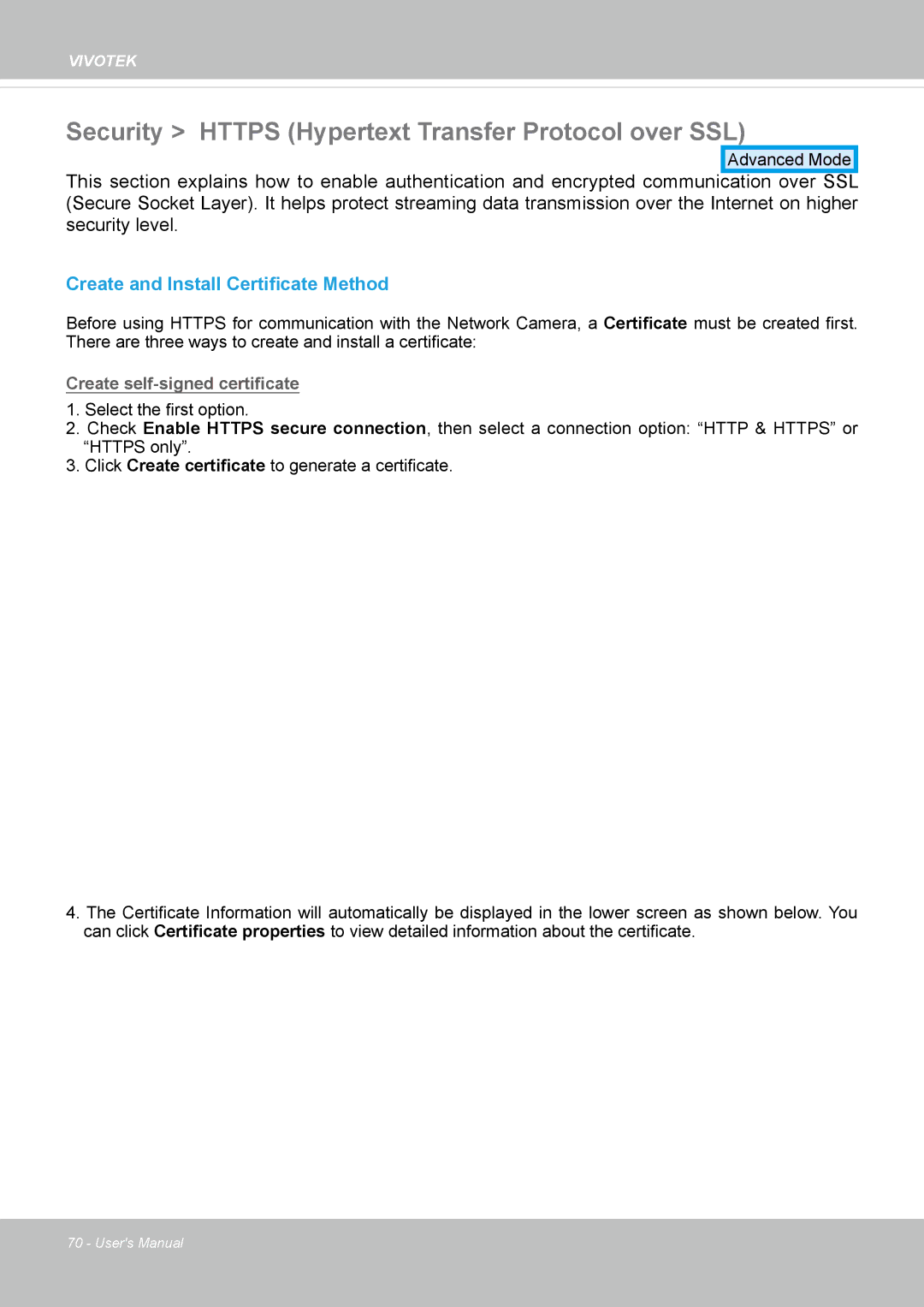 Vivotek CC8130 user manual Security Https Hypertext Transfer Protocol over SSL, Create and Install Certificate Method 