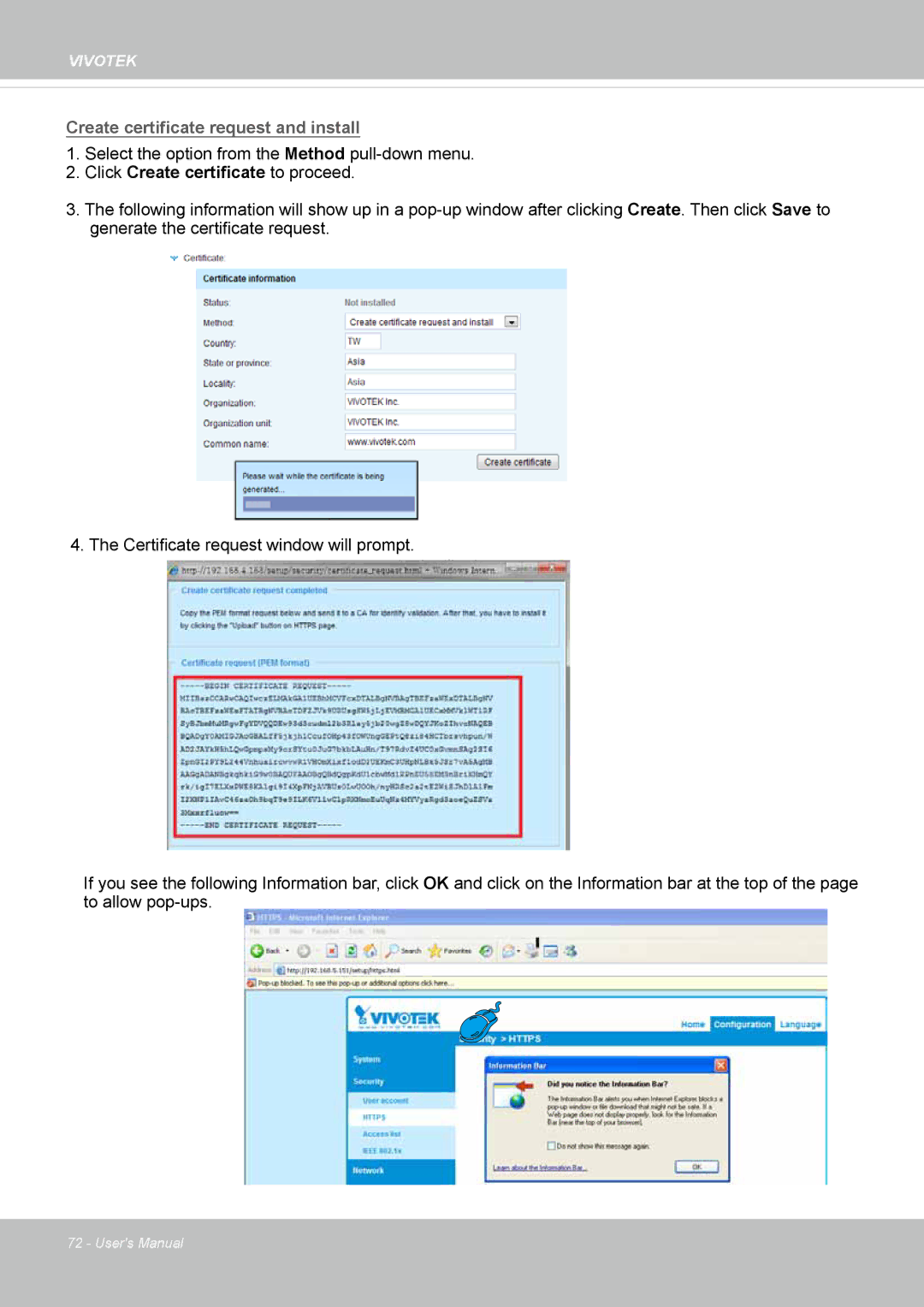 Vivotek CC8130 user manual Create certificate request and install 