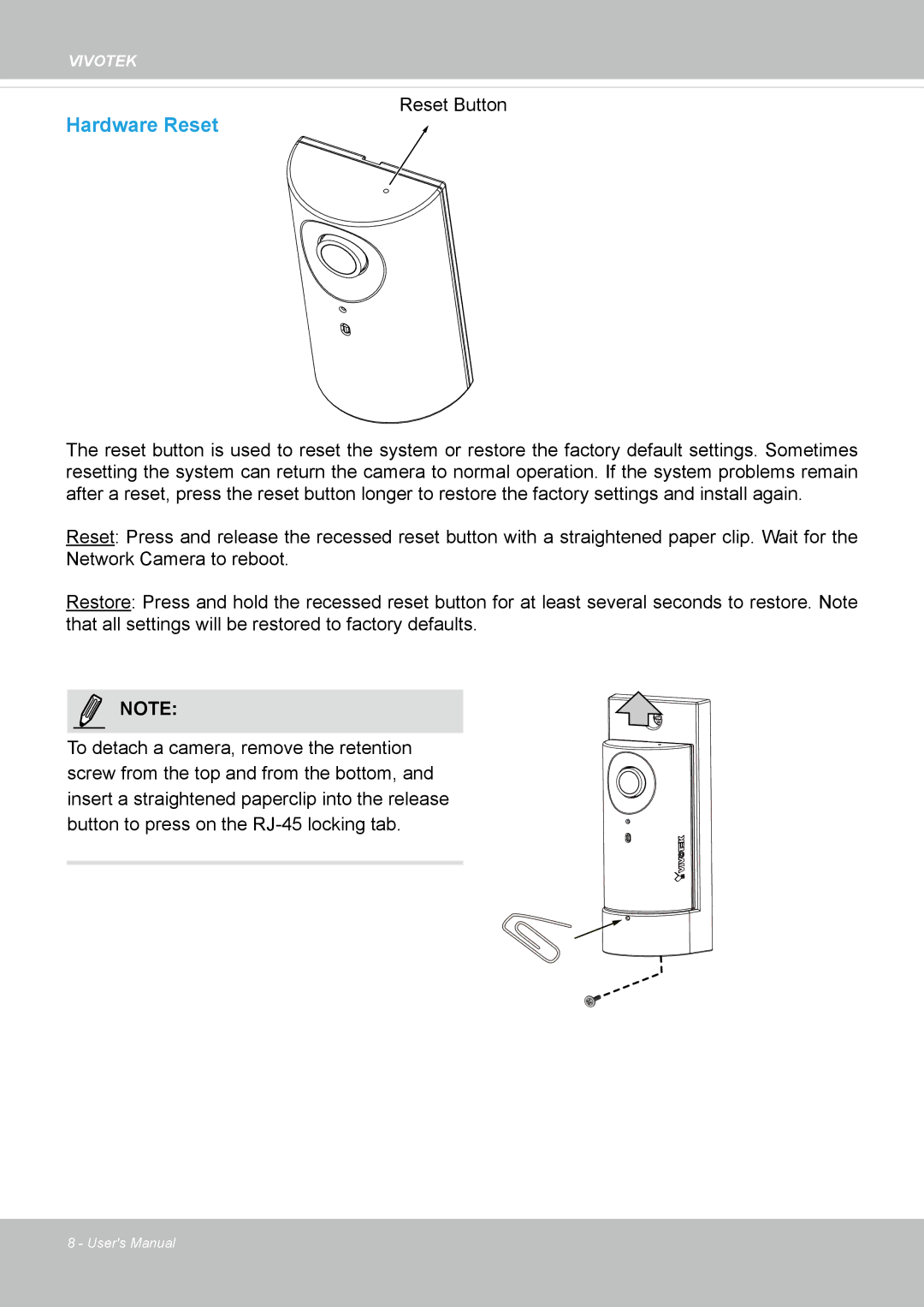 Vivotek CC8130 user manual Hardware Reset 