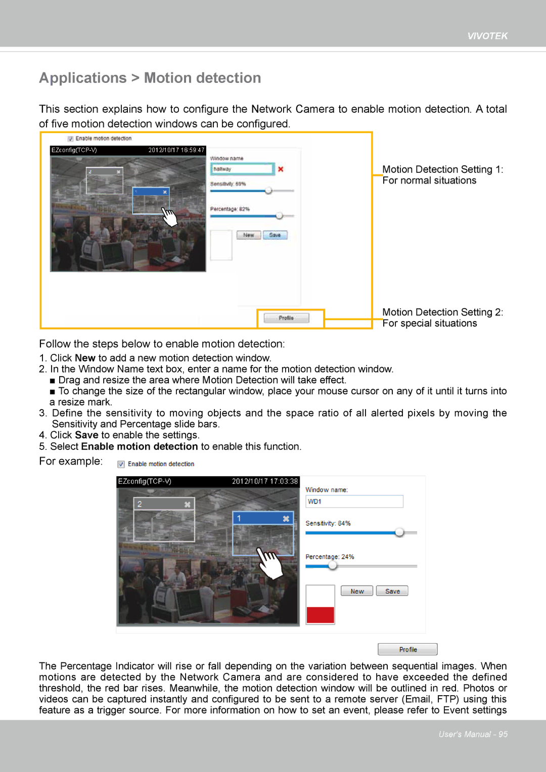 Vivotek CC8130 user manual Applications Motion detection, Follow the steps below to enable motion detection 