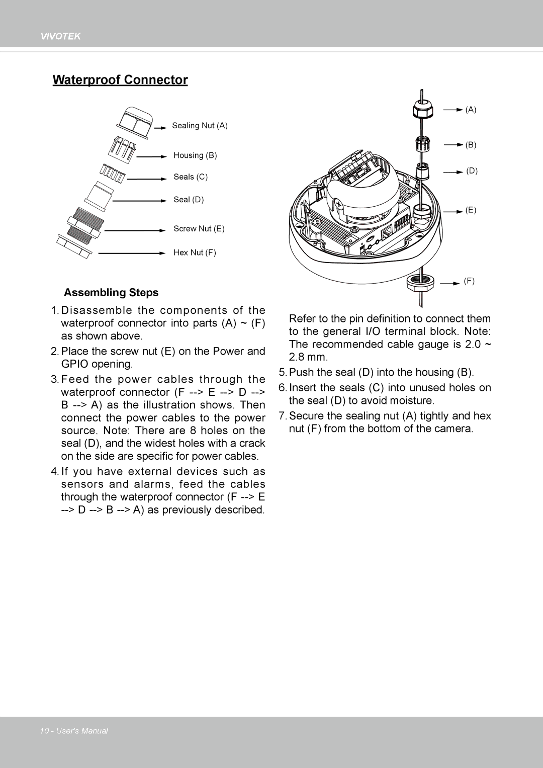 Vivotek FD-8372 user manual Waterproof Connector 