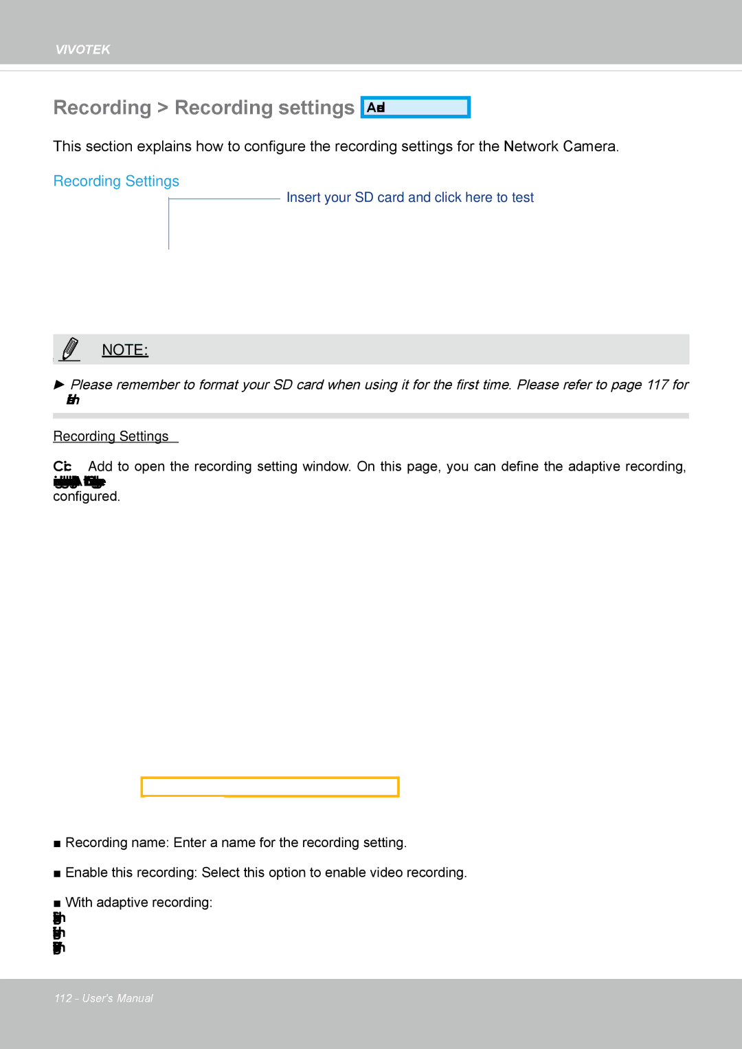 Vivotek FD-8372 user manual Recording Recording settings, Recording Settings 