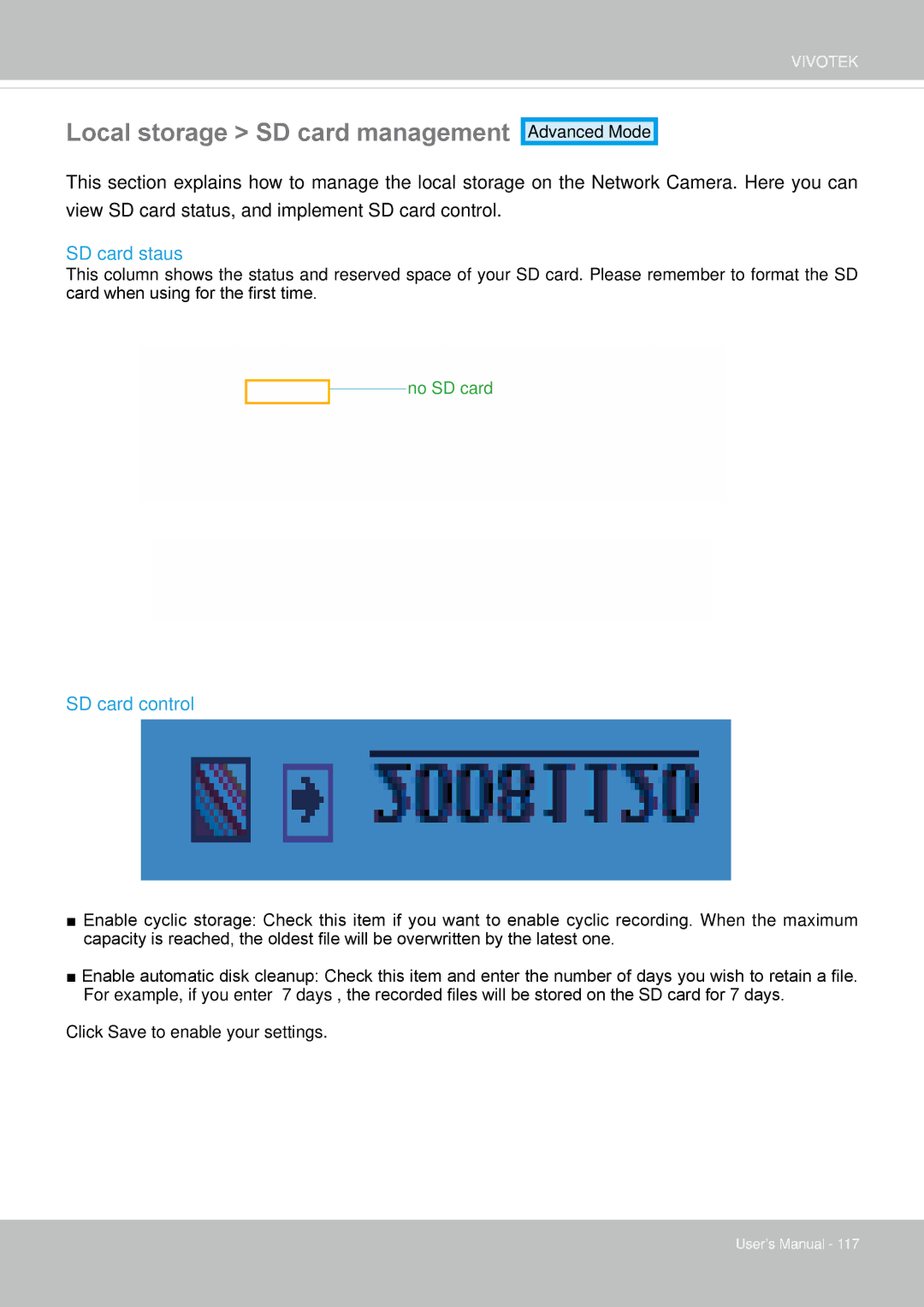 Vivotek FD-8372 user manual Local storage SD card management, SD card staus, SD card control 