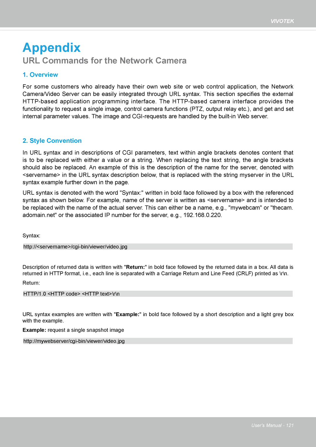 Vivotek FD-8372 user manual Appendix, URL Commands for the Network Camera 