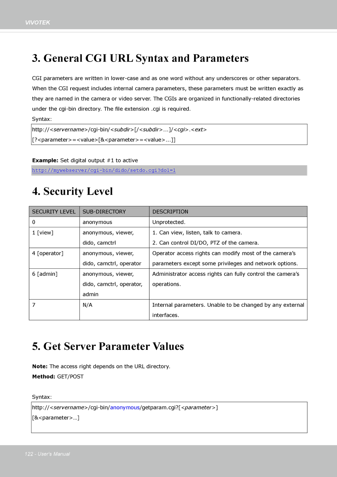 Vivotek FD-8372 user manual General CGI URL Syntax and Parameters, Security Level SUB-DIRECTORY Description 