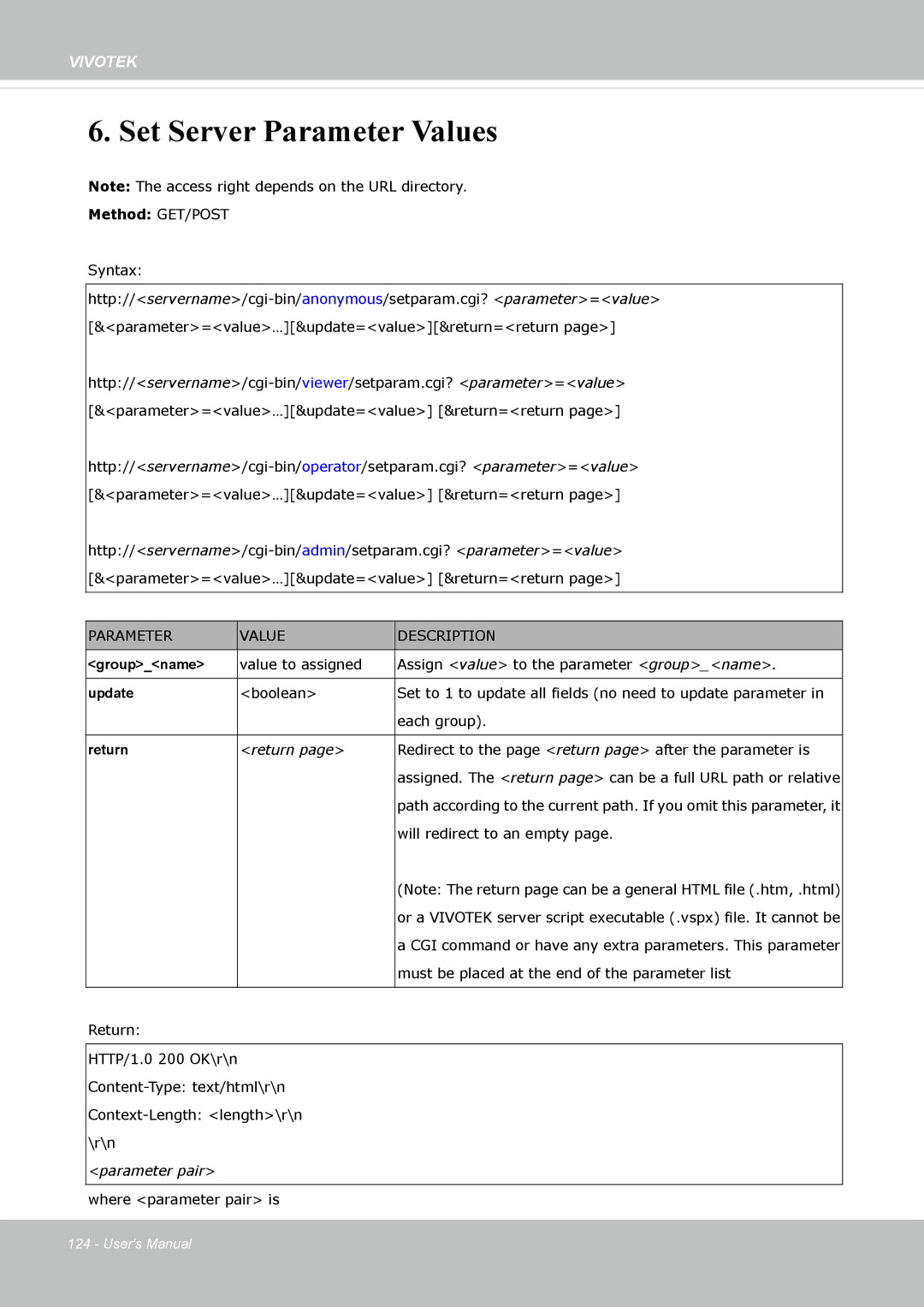 Vivotek FD-8372 user manual Set Server Parameter Values, Parameter Value Description 