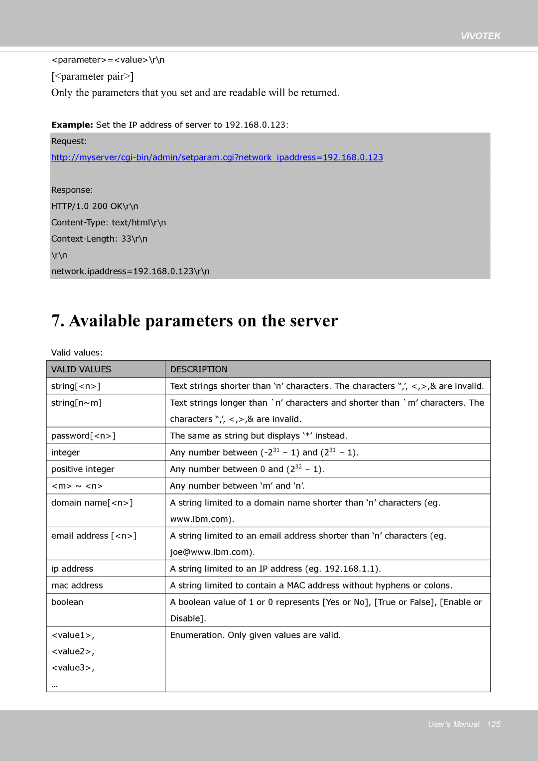 Vivotek FD-8372 user manual Available parameters on the server, Valid Values Description 