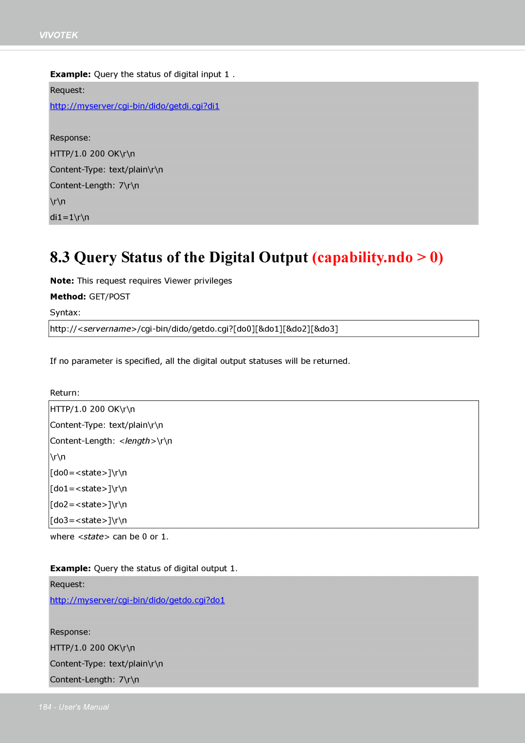 Vivotek FD-8372 user manual Query Status of the Digital Output capability.ndo, Http//myserver/cgi-bin/dido/getdi.cgi?di1 