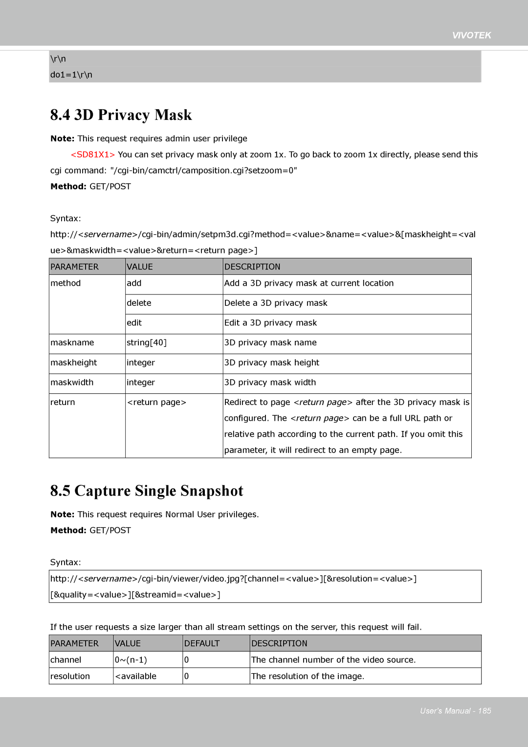 Vivotek FD-8372 user manual 3D Privacy Mask, Capture Single Snapshot, Parameter Value Default Description 