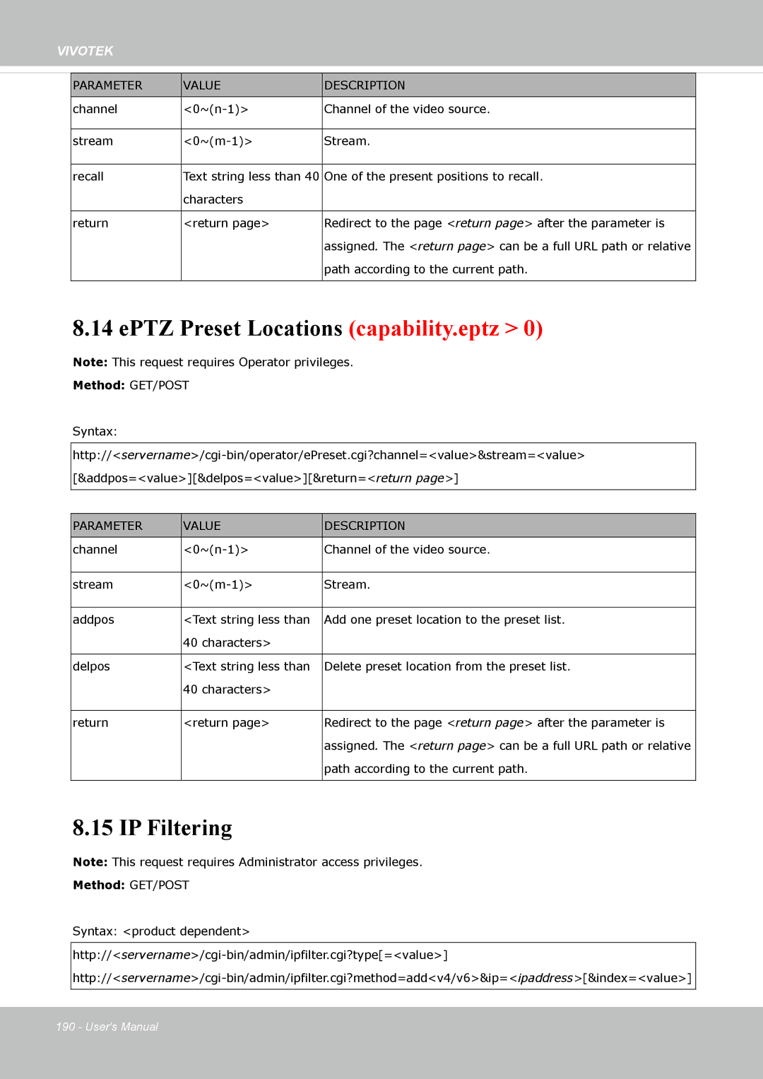 Vivotek FD-8372 user manual EPTZ Preset Locations capability.eptz, IP Filtering 