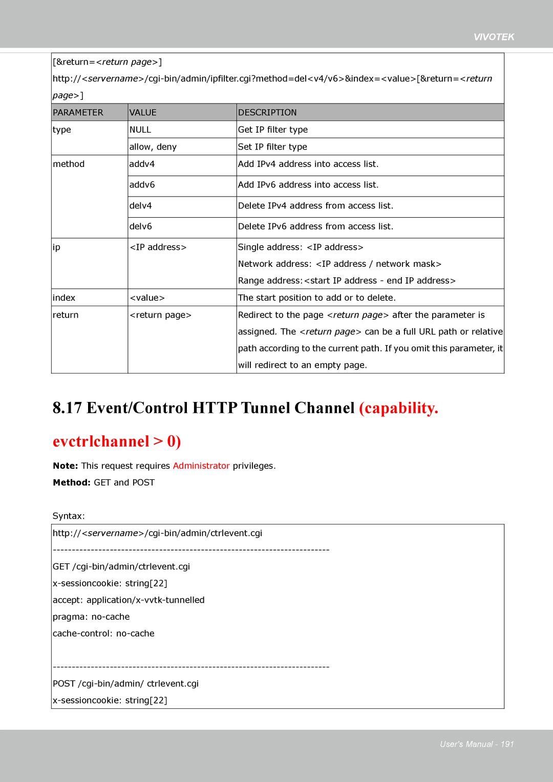 Vivotek FD-8372 user manual Event/Control Http Tunnel Channel capability. evctrlchannel, Null 