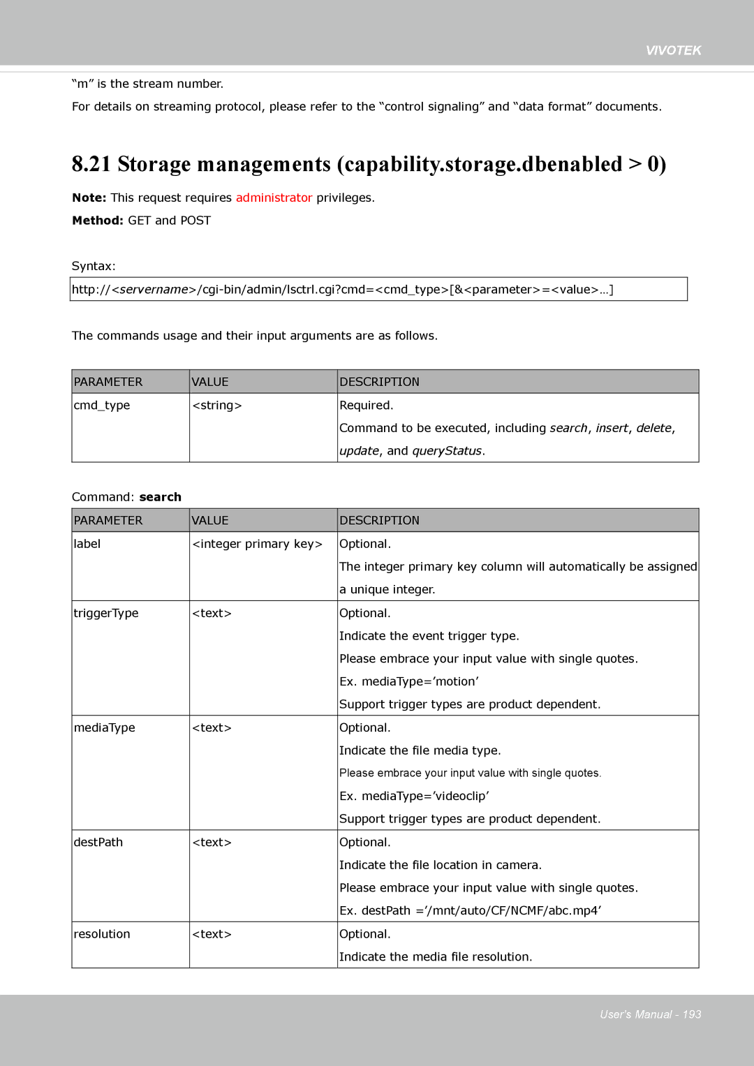 Vivotek FD-8372 user manual Storage managements capability.storage.dbenabled, Update , and queryStatus 