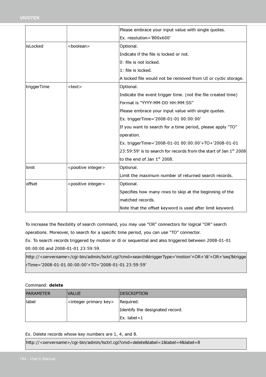 Vivotek FD-8372 user manual Ex. resolution=’800x600’ 