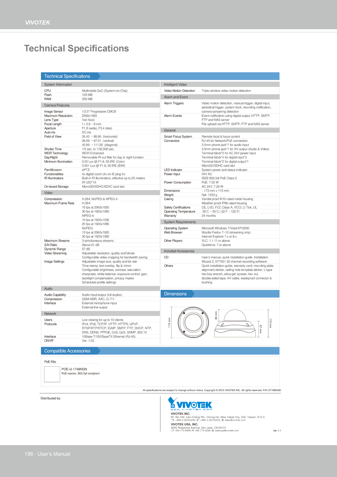 Vivotek FD-8372 user manual Technical Specifications 