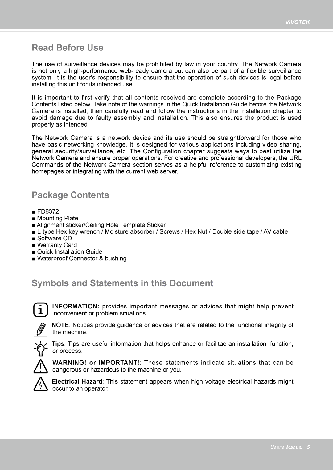 Vivotek FD-8372 user manual Read Before Use, Package Contents, Symbols and Statements in this Document 