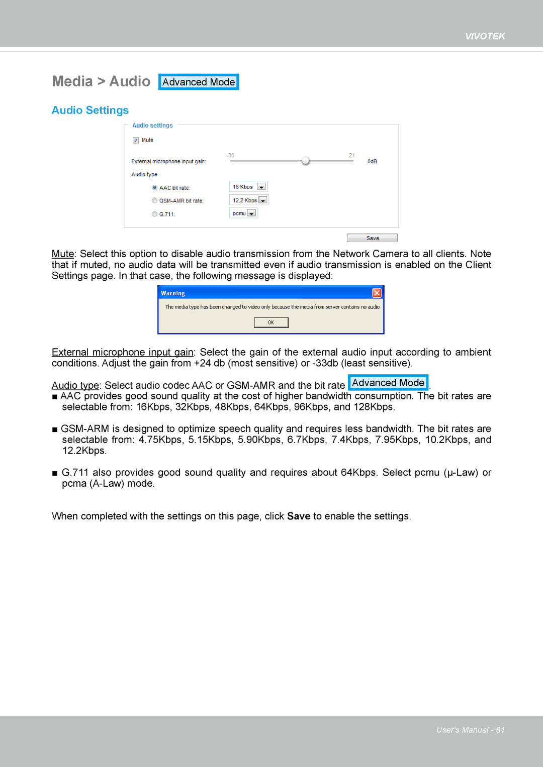 Vivotek FD-8372 user manual Media Audio, Audio Settings 