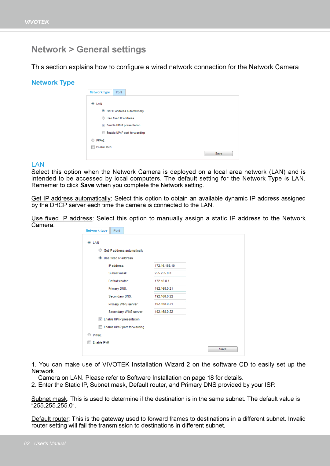 Vivotek FD-8372 user manual Network General settings, Network Type 