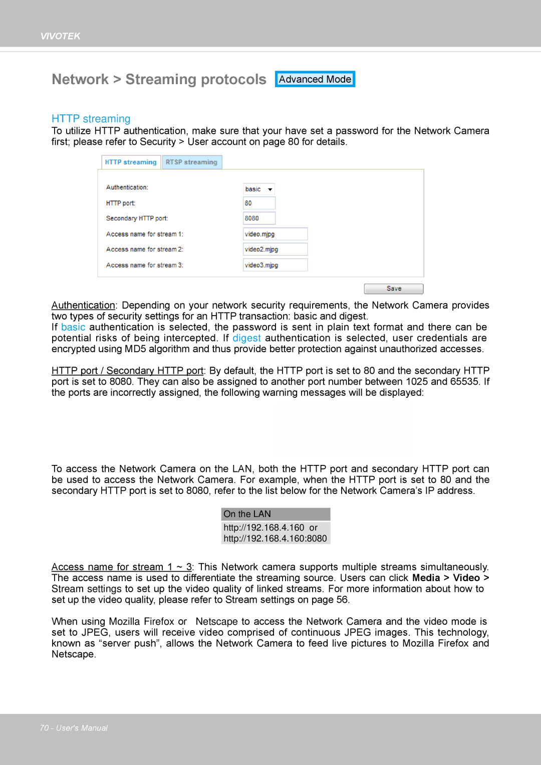 Vivotek FD-8372 user manual Network Streaming protocols, Http streaming 