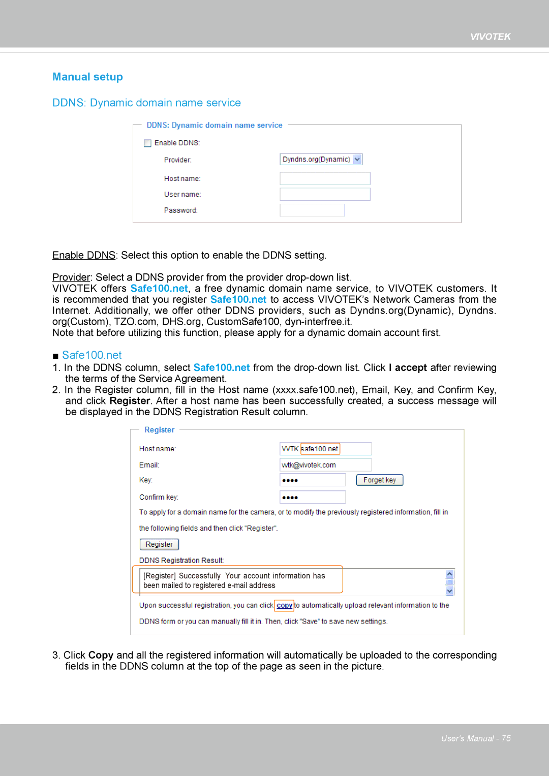 Vivotek FD-8372 user manual Manual setup, Ddns Dynamic domain name service 