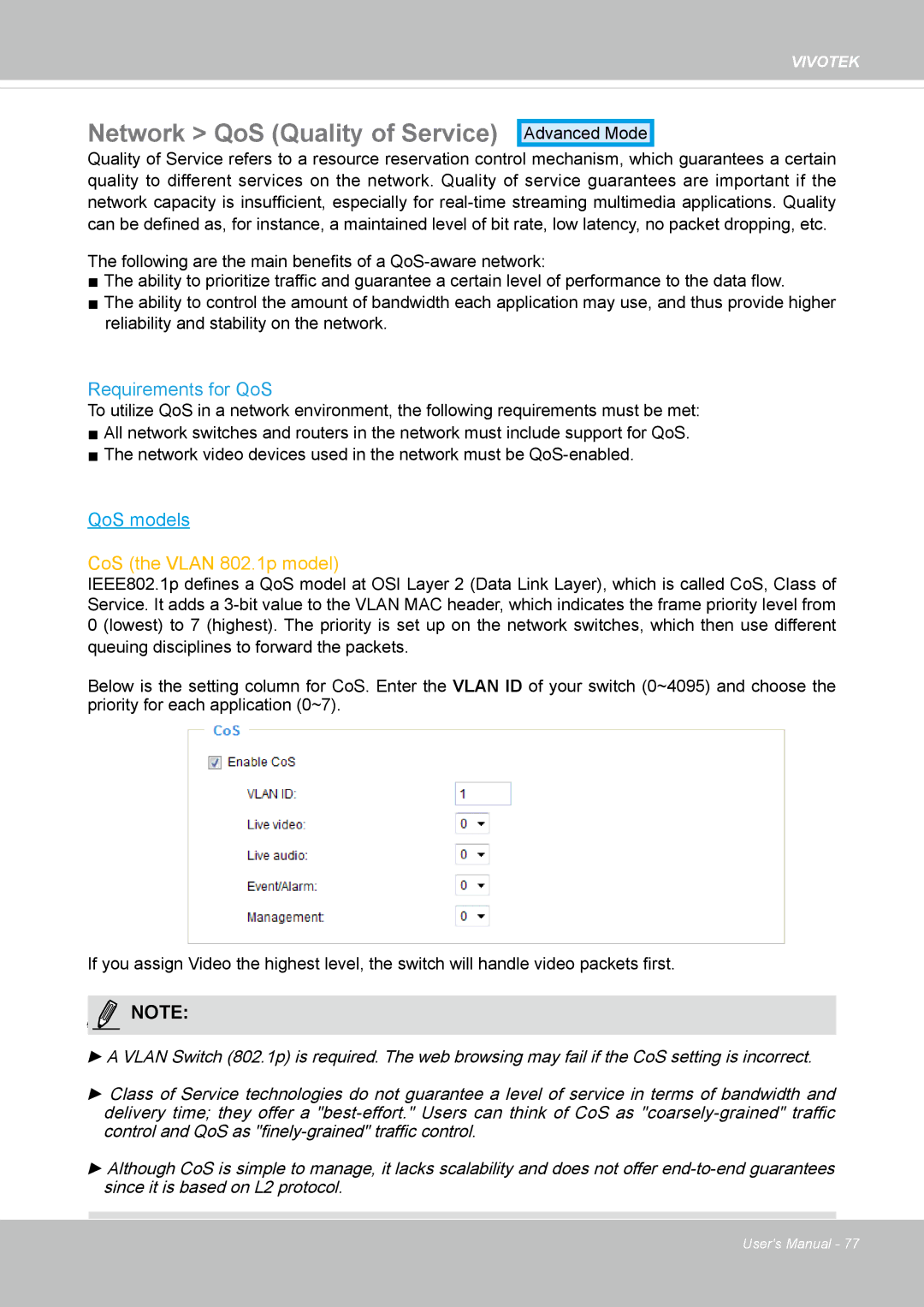 Vivotek FD-8372 user manual Network QoS Quality of Service, Requirements for QoS 