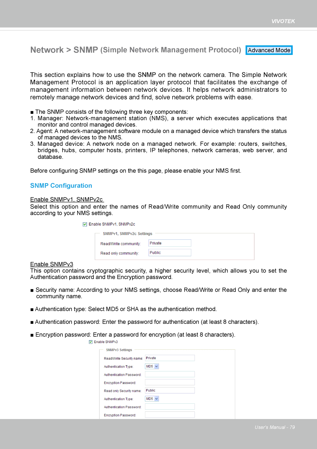 Vivotek FD-8372 user manual Network Snmp Simple Network Management Protocol, Snmp Configuration 