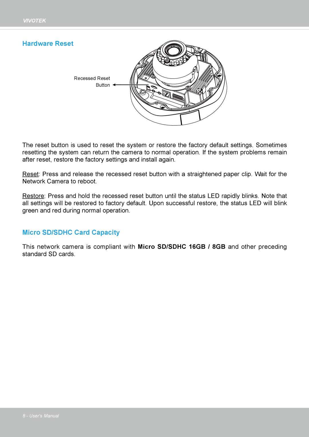 Vivotek FD-8372 user manual Hardware Reset 