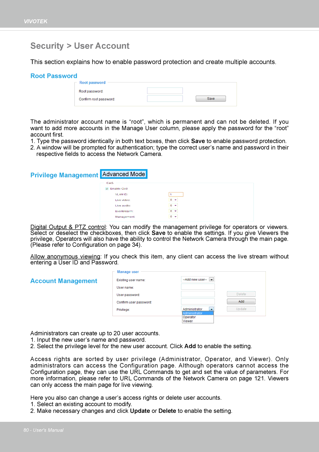 Vivotek FD-8372 user manual Security User Account, Root Password, Privilege Management, Account Management 