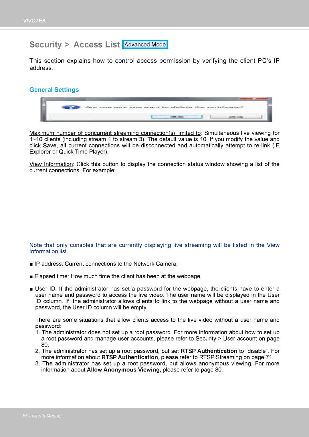 Vivotek FD-8372 user manual Security Access List, General Settings 